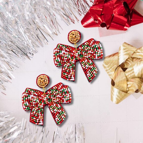 Christmas Ribbon Seed Beaded Statement Gift Colorful Bow Earrings NEW - Picture 3 of 6